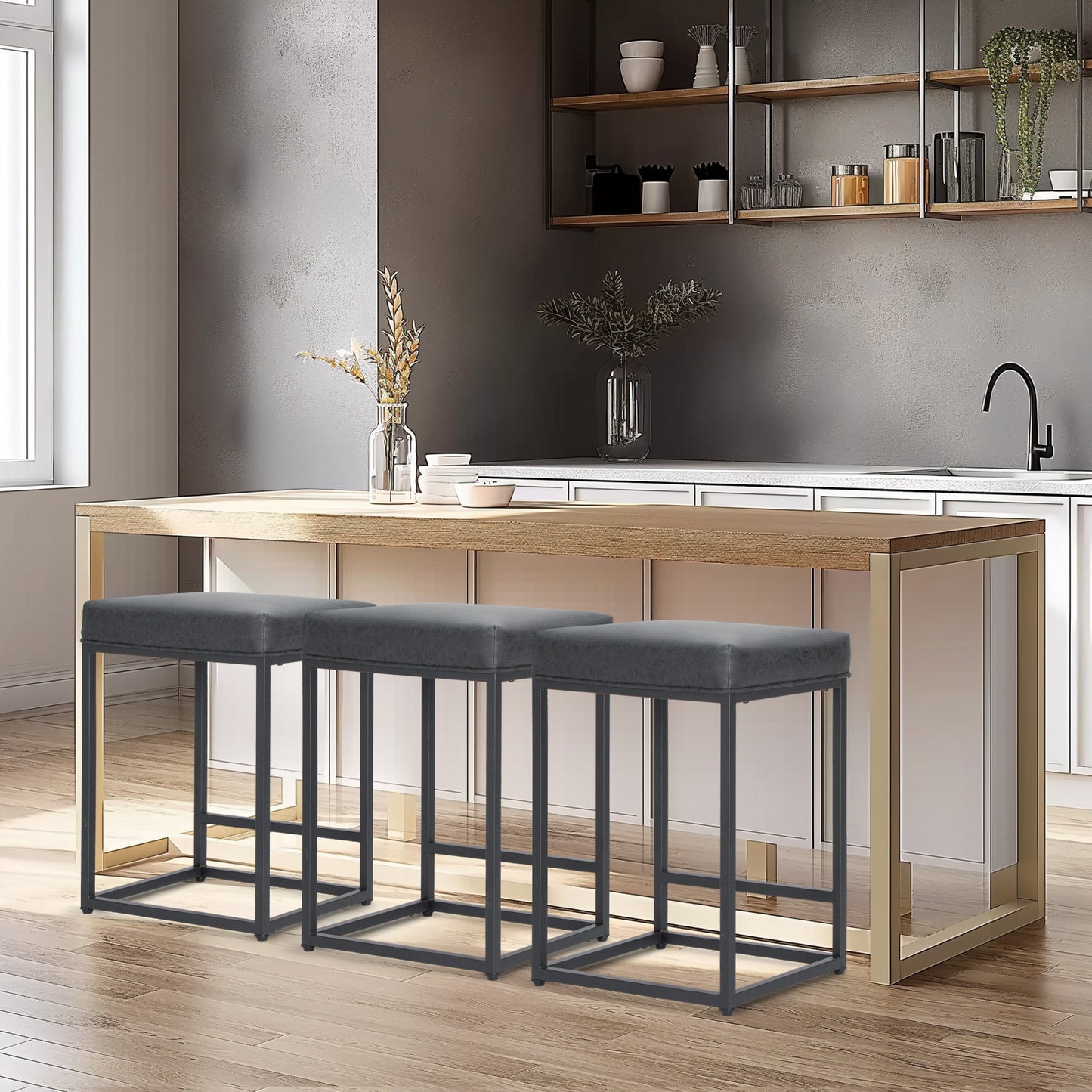 Sophia & William 24" Bar Stool Counter Height Bar Stools with Footrest, 3 Pack, Gray