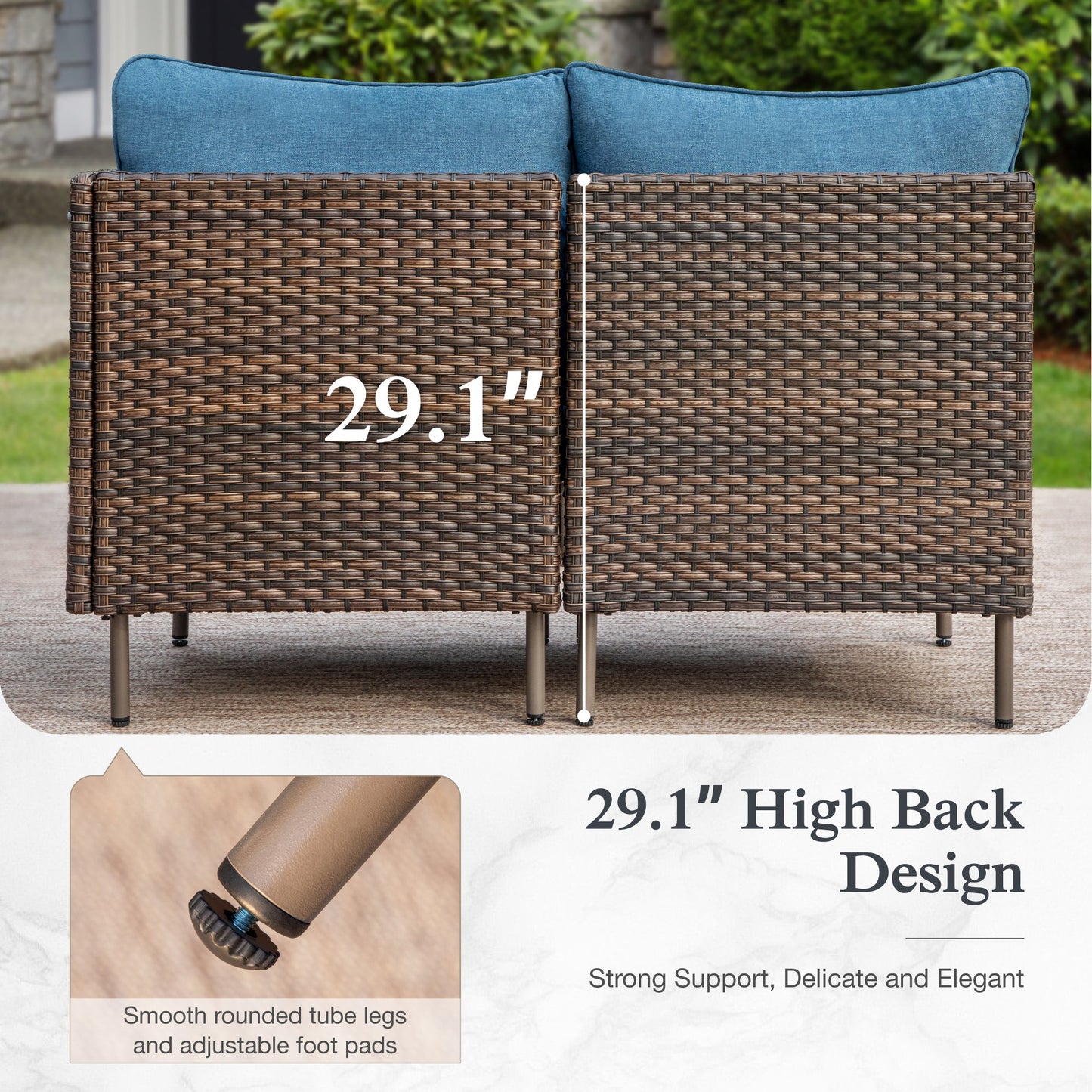 Sophia & William U-shaped 8 Pieces Wicker Patio Furniture Set 6-Seat Outdoor Conversation Set with Coffee Table & Cushioned Chairs, Brown & Blue
