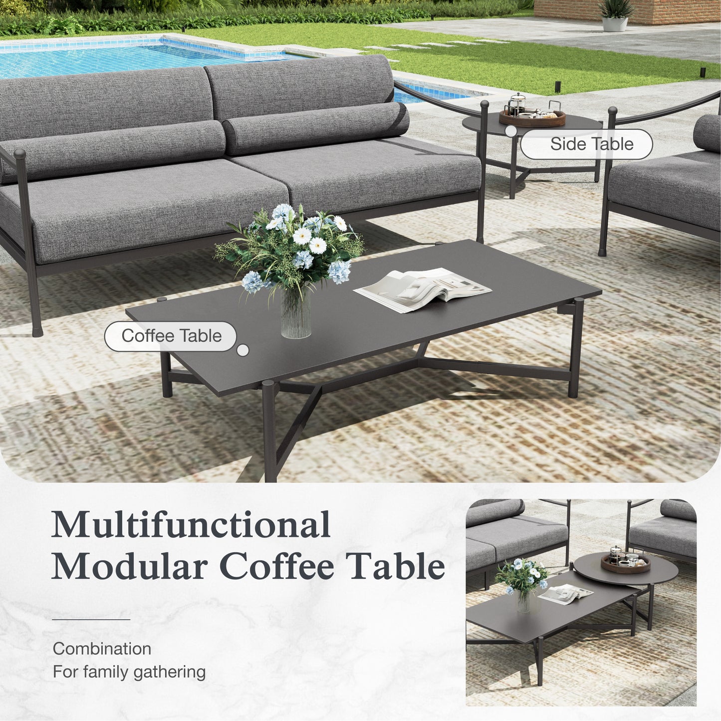 Sophia&William 5 Pieces Outdoor Patio Furniture Set Modern Metal Conversation Set with 28.3" Wider Chairs & Modular Coffee Table & 7.1" Gray Cushions
