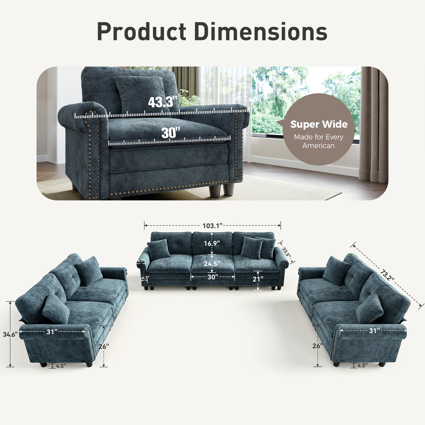 Sophia&William Modular Sectional Sofa Set, Mid-Century Chenille Cloud Couch 7-Seat Deap Seat Sofa with Nailhead Trim and 7 Throw Pillows for Living Room, Cyan