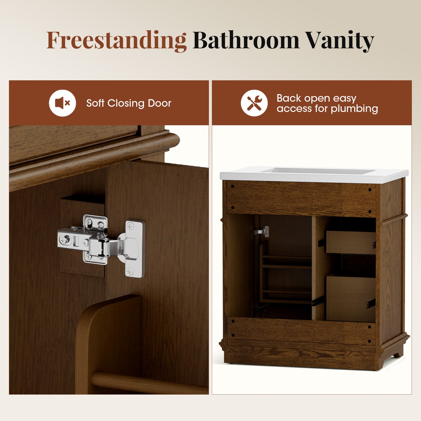 Sophia & William 30inch Bathroom Vanity with 5inch Deep Sink Freestanding Wood Bathroom Cabinet Vanity with 1 Door & 2 Drawers, Walnut