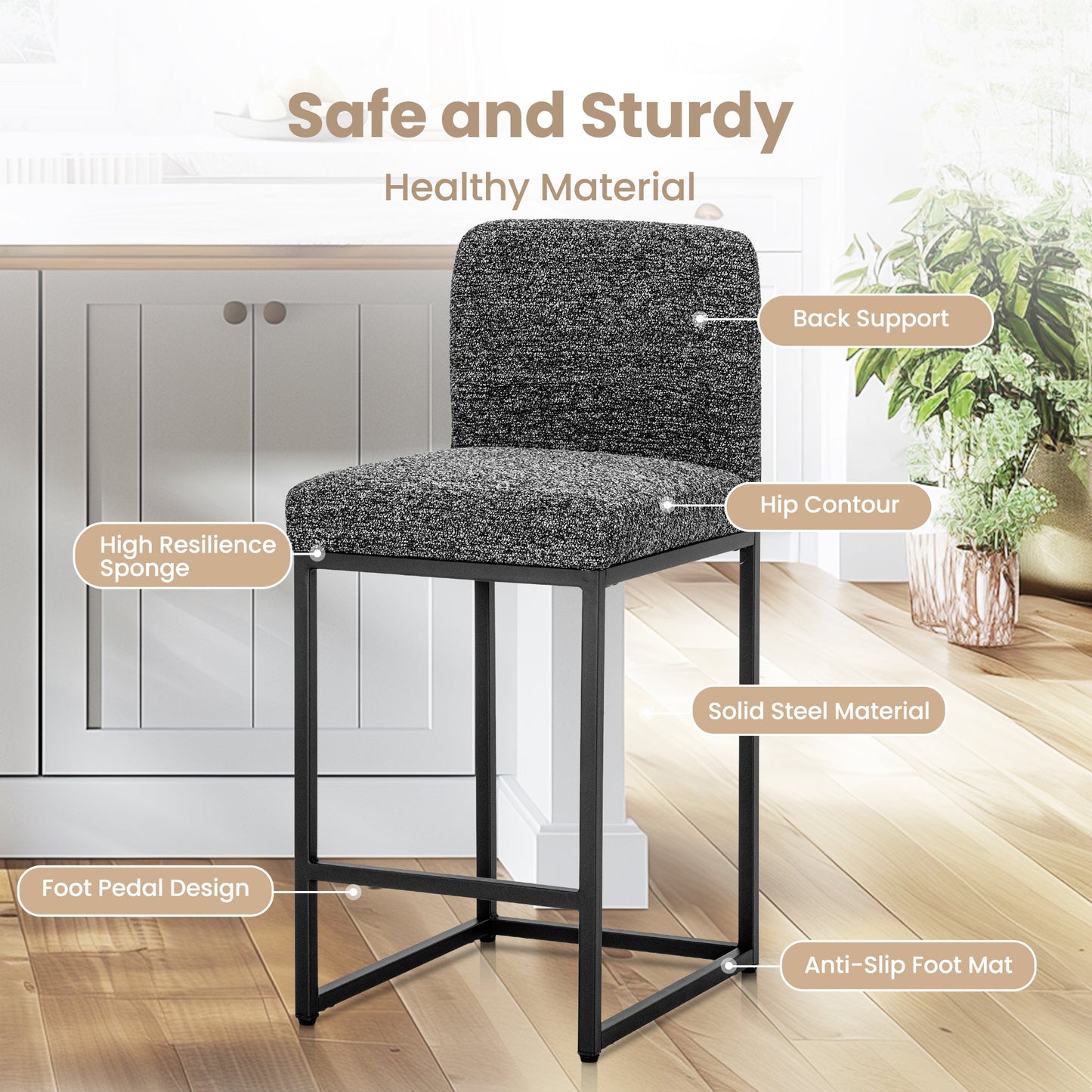 Sophia & William Counter Height Bar Stools with High Backrest 4 Pack Soft & Durable Chenille Fabric Bar Stools for Kitchen Island, Black