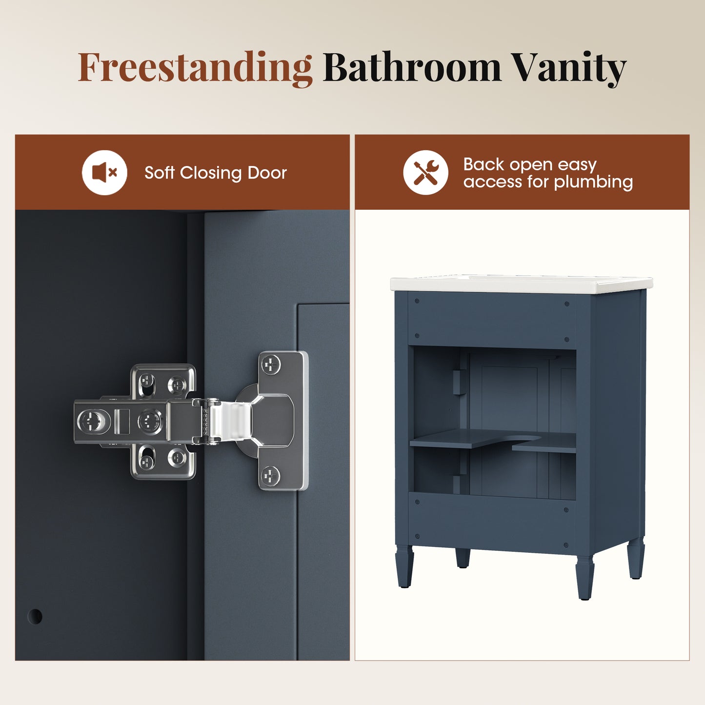 Sophia & William 24inch Bathroom Vanity with 5inch Deep Sink Freestanding Wood Bathroom Cabinet Vanity with 2 Doors & 3-Level Adjustable Shelf, Charcoal Blue