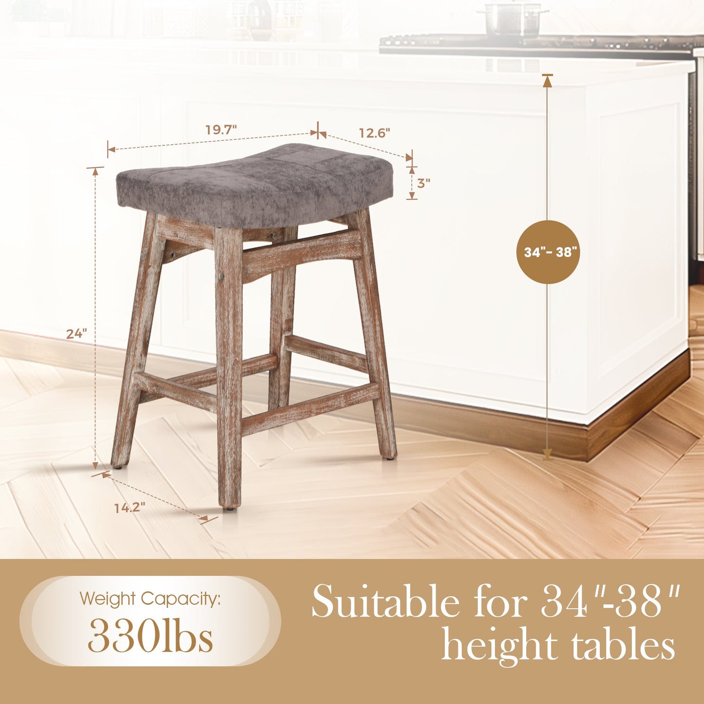 Sophia & William Counter Height Bar Stools Set of 4 for Kitchen Island,24 Inch Saddle Backless Bar Stools with Solid Wood Legs,Vintage Linen Seat Upholstered Farmhouse Counter Stools,Grey