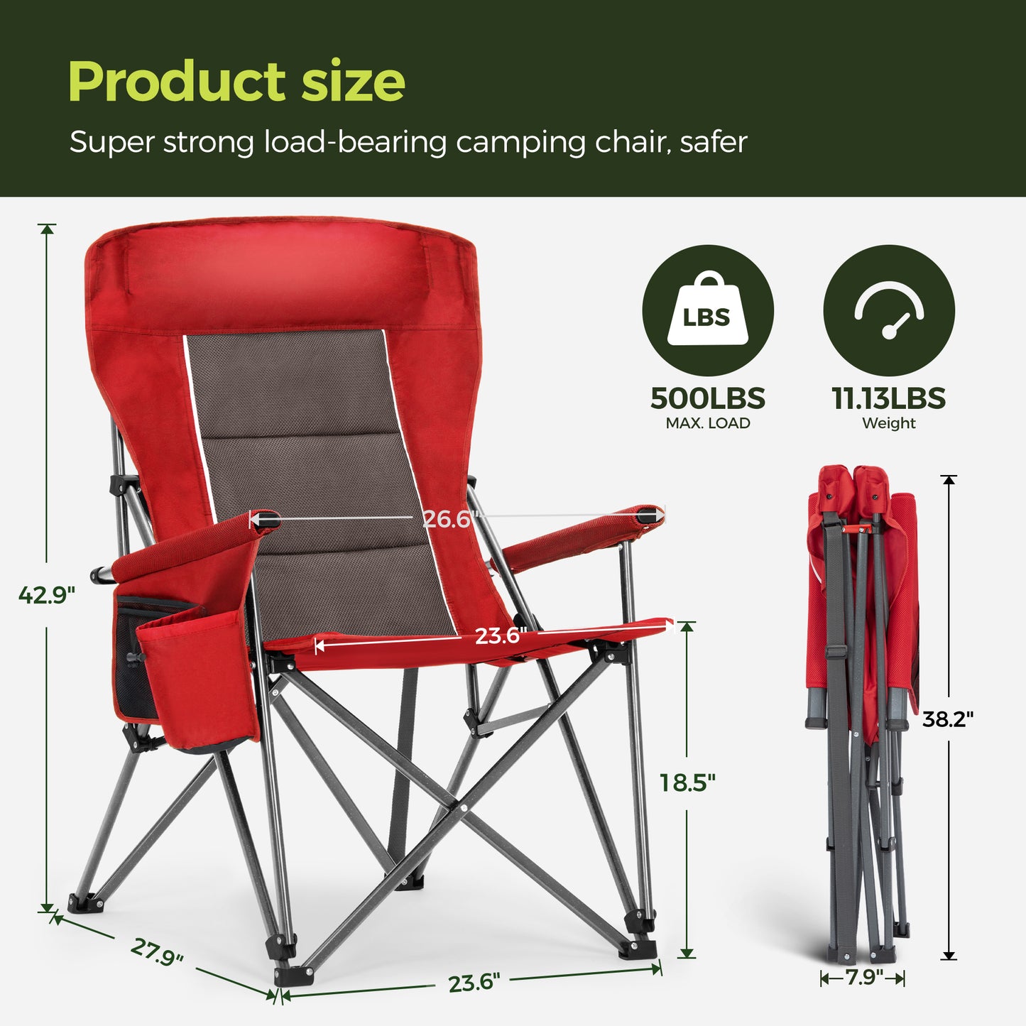 Sophia & William Oversized Camping Chair Heavy Duty High Back Camping Chairs 500lbs Capacity Folding Lawn Chairs with Cup Holder, Portable for Outdoor, Beach and Picnic, Red
