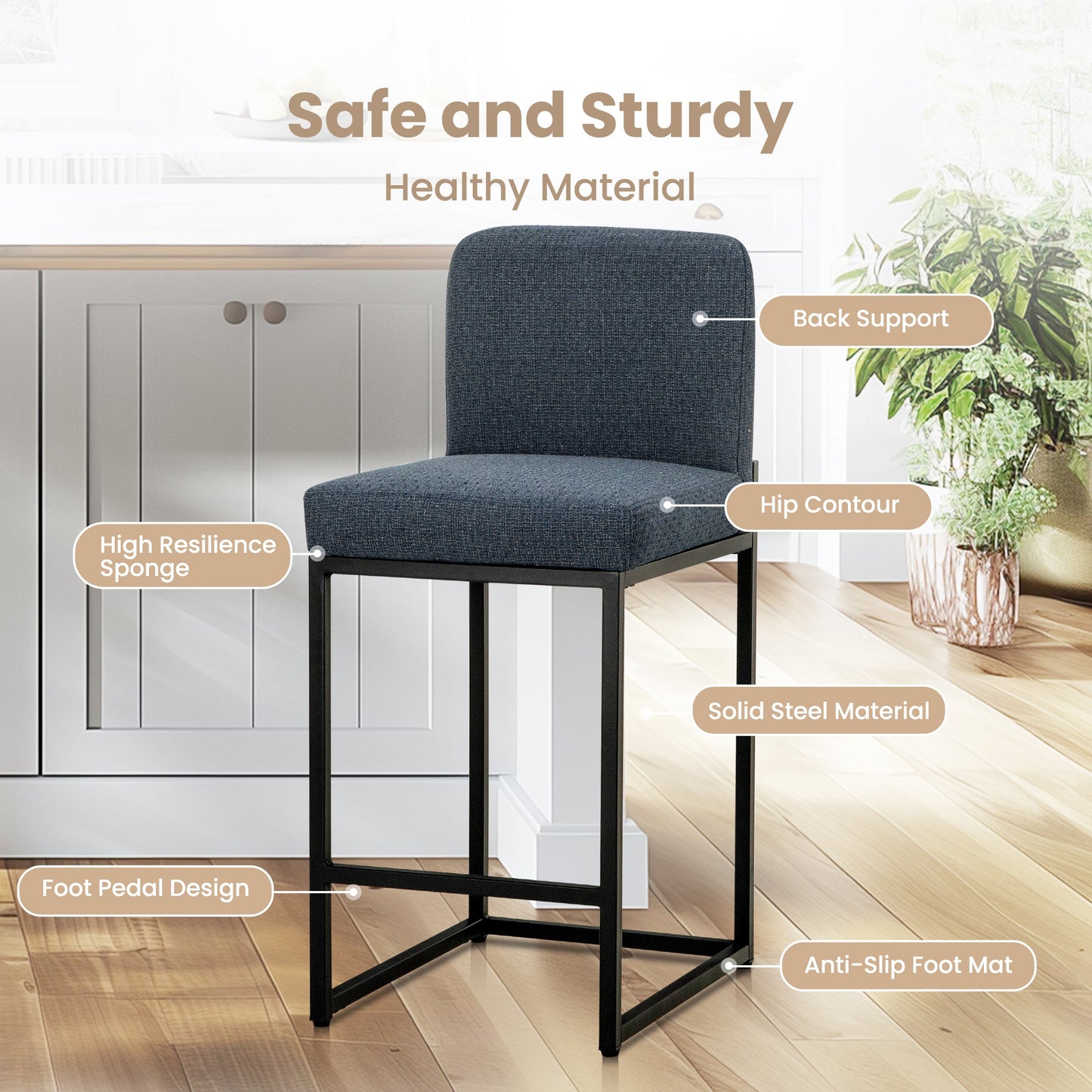 Sophia & William Counter Height Bar Stools with High Backrest 4 Pack Soft & Durable Chenille Fabric Bar Stools for Kitchen Island, Denim Blue