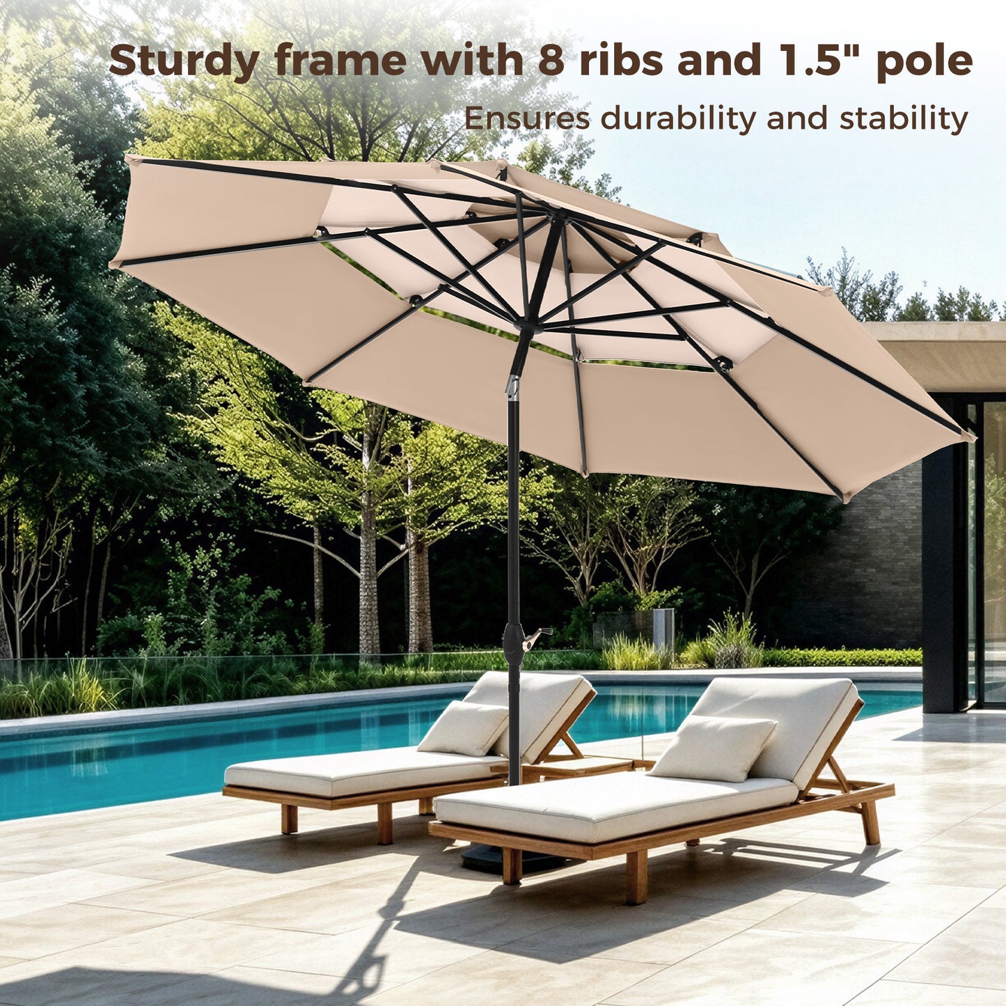 Alpha Joy 10ft 3 Tier Auto-Tilt Outdoor Patio Umbrella Beach Garden Double Vented Table Umbrella with Push Button and Crank, Beige & Tan