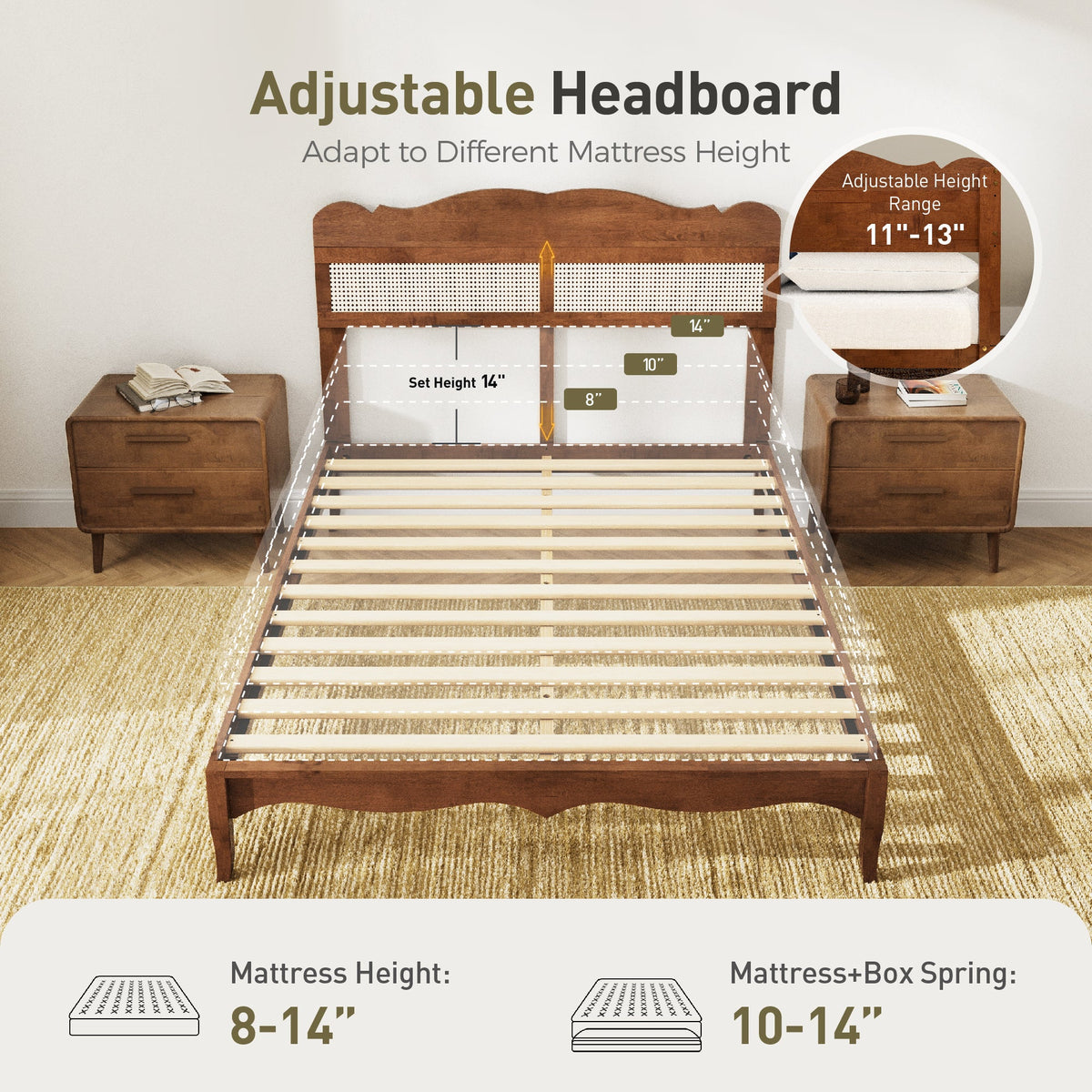 Sophia & William Queen Size Platform Bed Frame Rattan Bed Frame with Adjustable Headboard & Wooden Slats for Bedroom,No Box Spring Needed