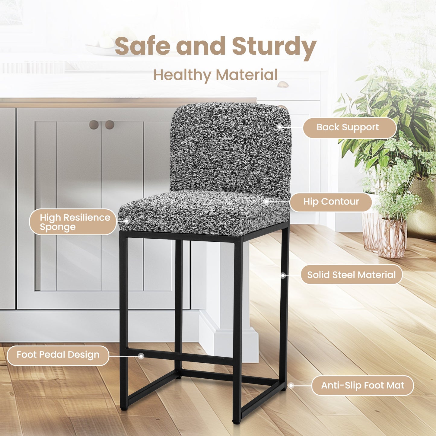 Sophia & William Counter Height Bar Stools with High Backrest 2 Pack Soft & Durable Chenille Fabric Bar Stools for Kitchen Island, Gray