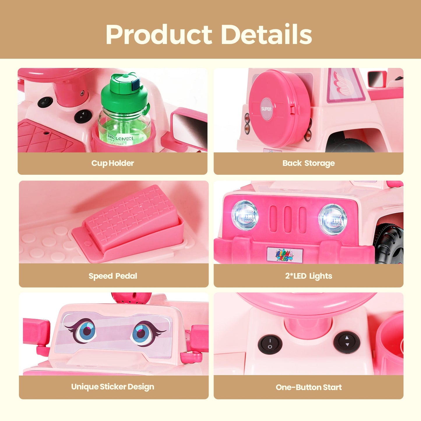 Alpha Joy Kids Remote Control Car Toys with LED Lights & Fish Sticker, Pink