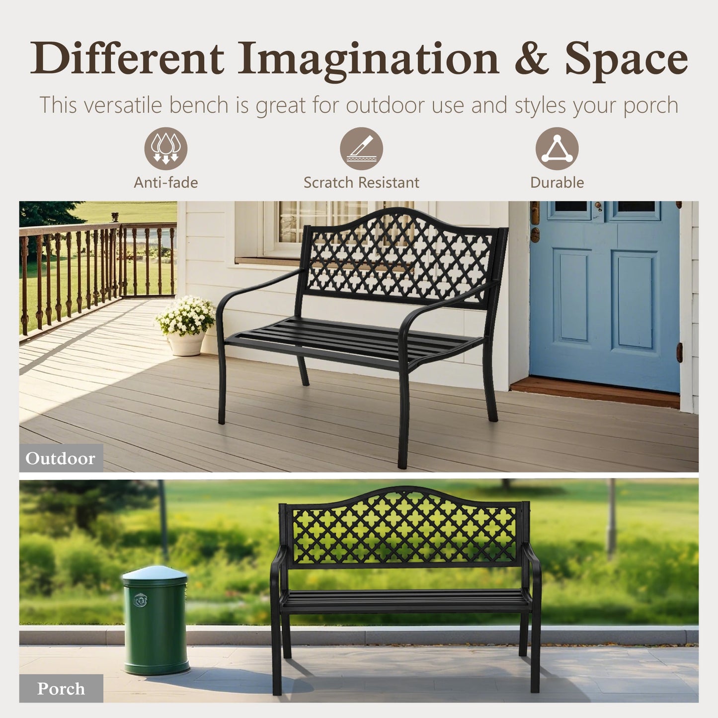 50" Black Outdoor Park Bench with Stylish Camelback Back Frame, Durable & Comfortable