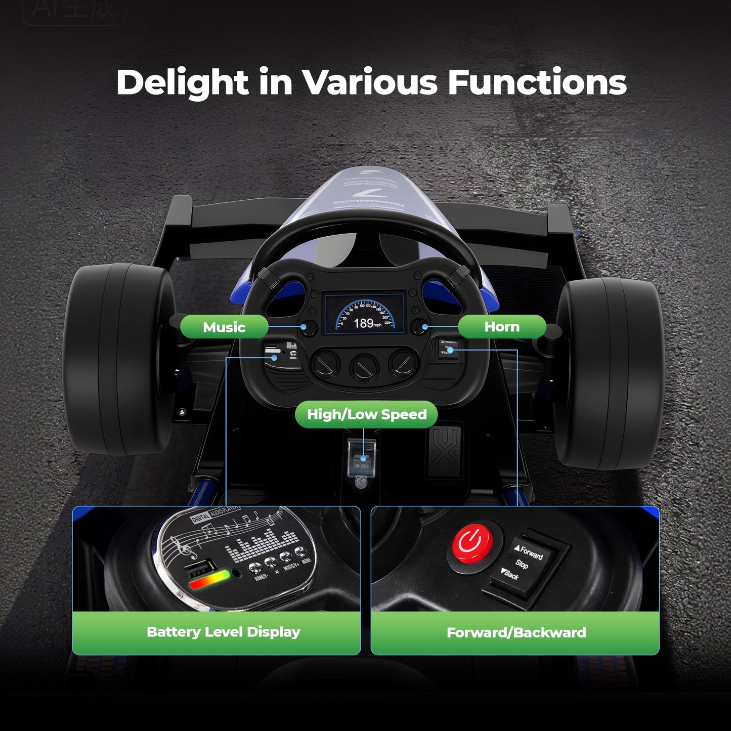 Alpha Joy Kids Drift Go-kart 12V 550W Power Ride on Crazy Cart w/Remote Control, LED Lights, Bluetooth Music, 3 Speeds, Electric Car for Kids Aged 3-8, Blue