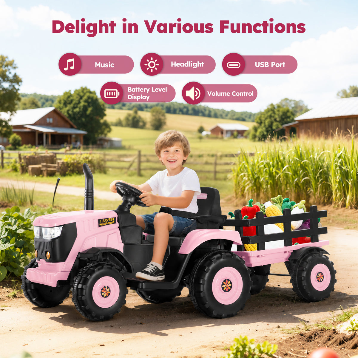 Alpha Joy 24V Powered Ride on Tractor with Detachable Trailer Electric Toy Car with Remote Control, Tippable Trailer, USB, Headlight, Bluetooth, 3 Speed Adjustable for Kids 3+, Pink