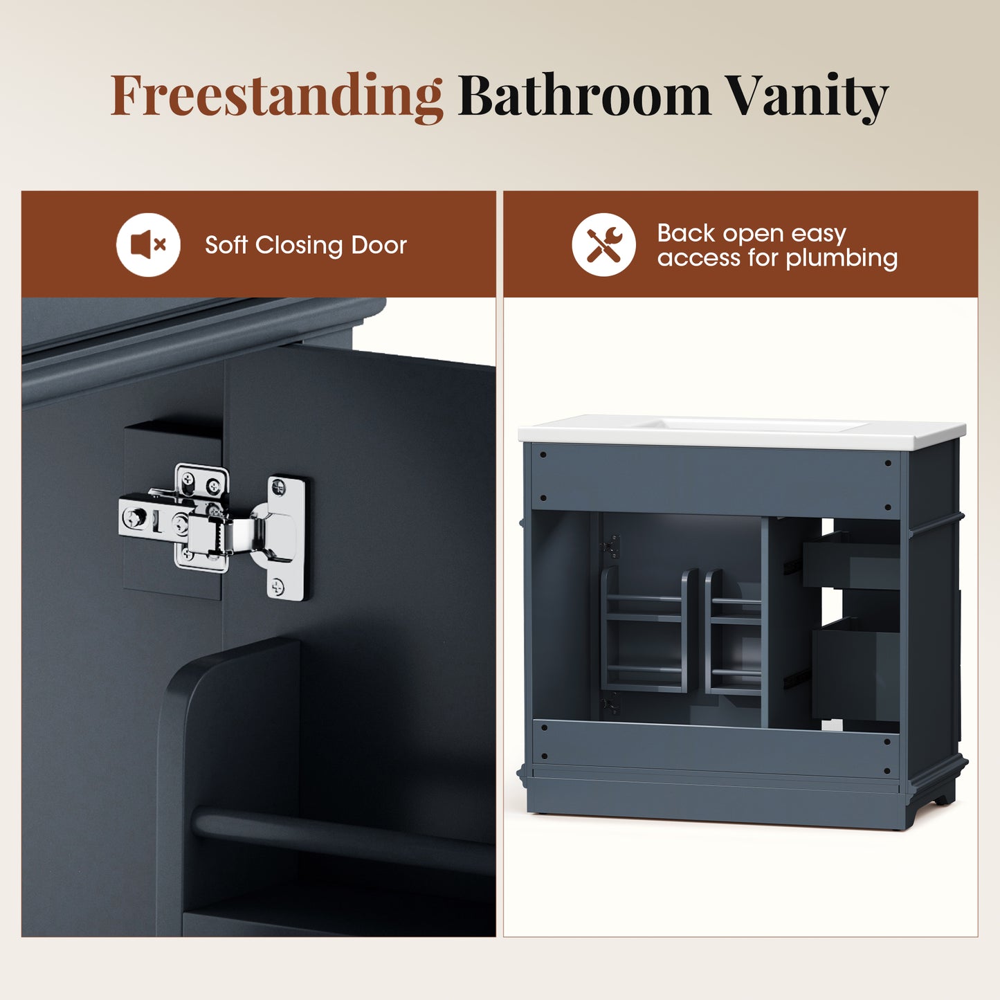 Sophia & William 36inch Bathroom Vanity with 5inch Deep Sink Freestanding Wood Bathroom Cabinet Vanity with 2 Doors with Shelf & 2 Drawers, Charcoal Blue