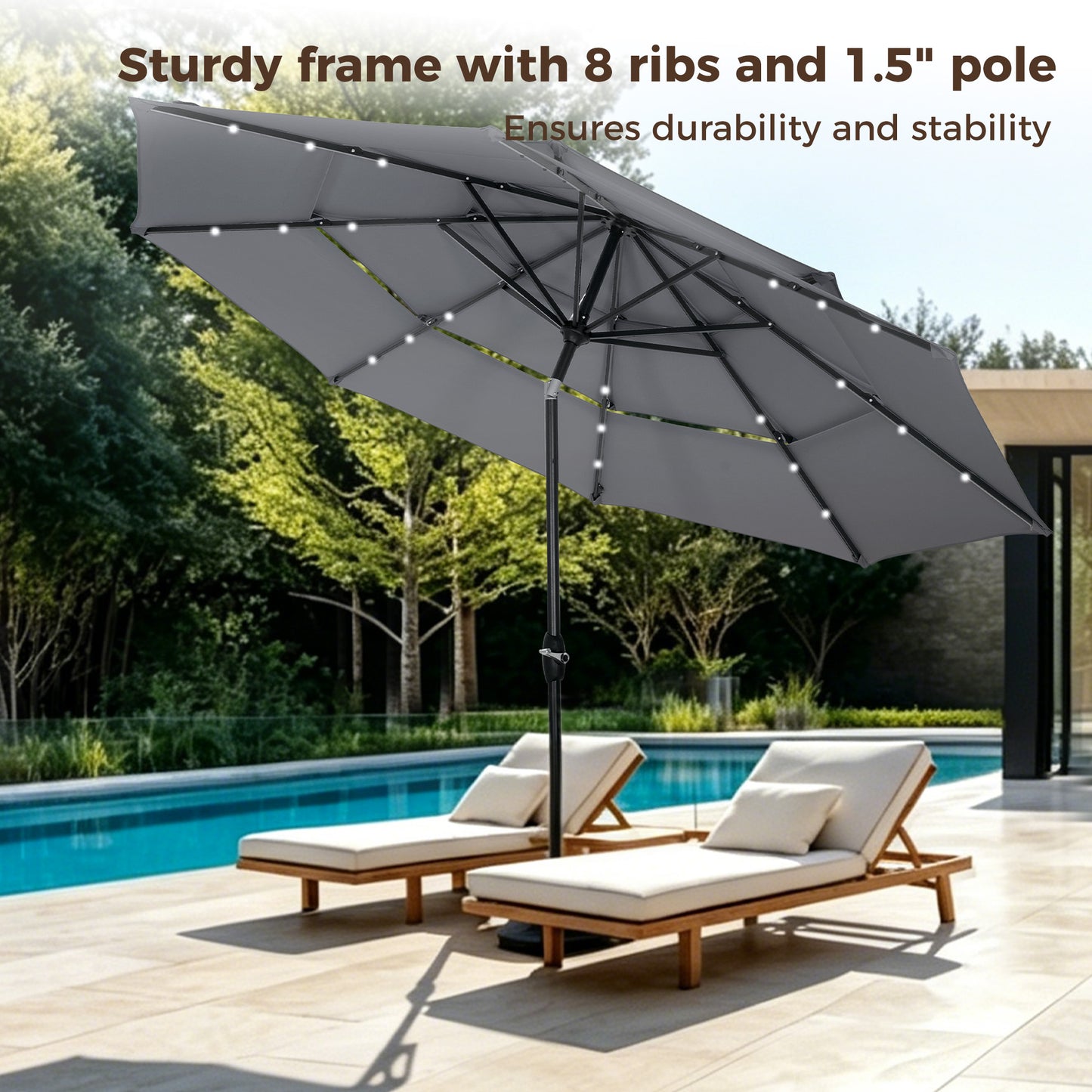 Alpha Joy 10ft 3 Tier Auto-tilt Outdoor Patio Umbrella Beach Garden Double Vented Table Umbrella with Solar Lights, Smoky Gray