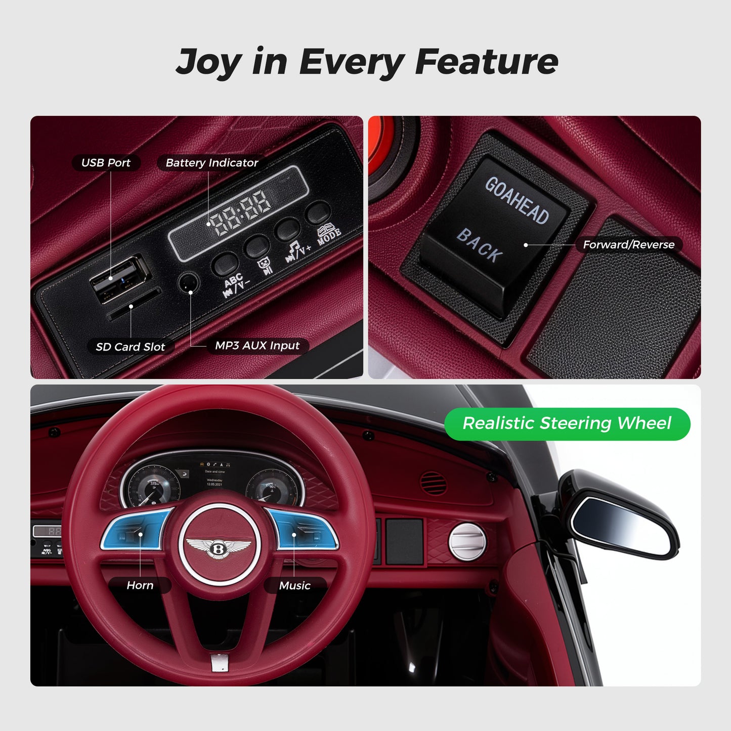 Alpha Joy 12V Kids Ride On Car Licensed Bentley Electric Vehicle with Remote Control, Soft Start, 3 Speed, LED Lights, Built-in Storage & Music, Gift for Boys Girls Ages 3-8, Black