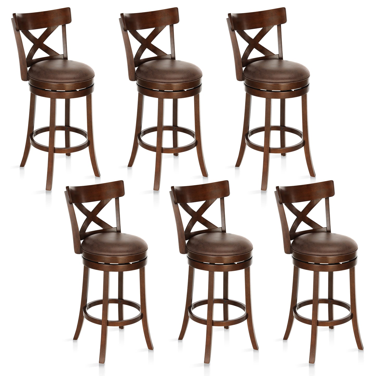 Sophia & William 30" Swivel Bar Stools, Set of 6 with Cross Back Durable Wood Frame Padded Counter Stools for Kitchen Island,Brown