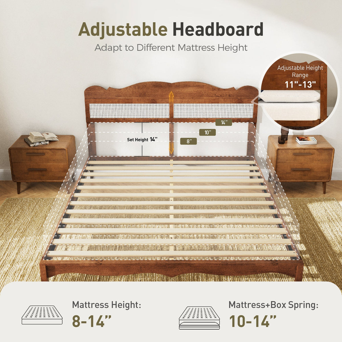 Sophia & William King Size Wood Platform Bed Frame with Wooven Rattan Adjustable Headboard & Wooden Slats,No Box Spring Needed