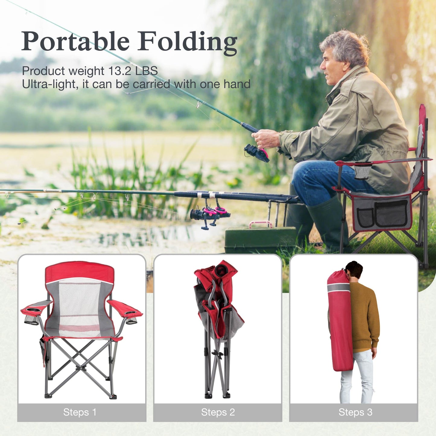 Sophia & William Oversized Camping Chair Portable Mesh Folding Chair with Cup Holder Supports Up to 450Lbs for Outdoor, Fishing, Beach, Backyard， Red