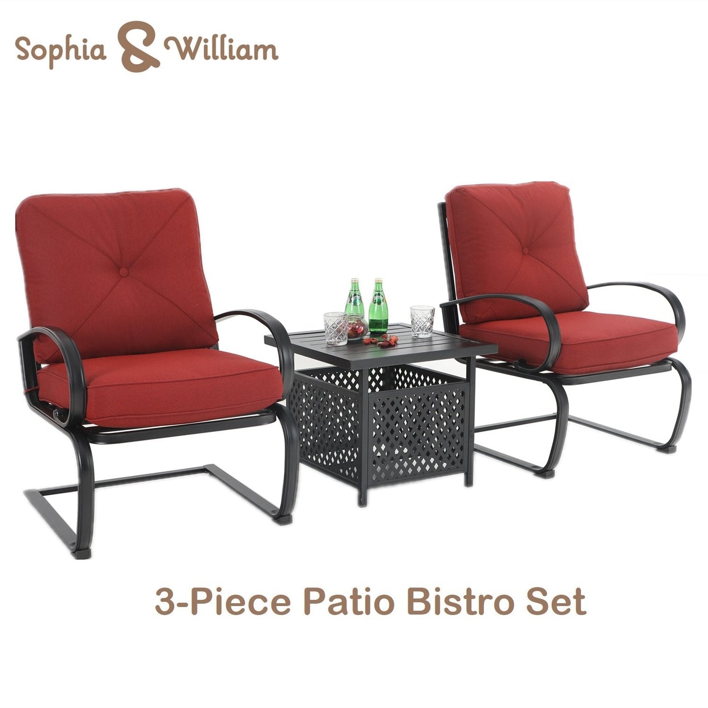 Sophia&William 3-Piece Outdoor Bistro Set Patio C-Spring Chairs and Table Set,Red