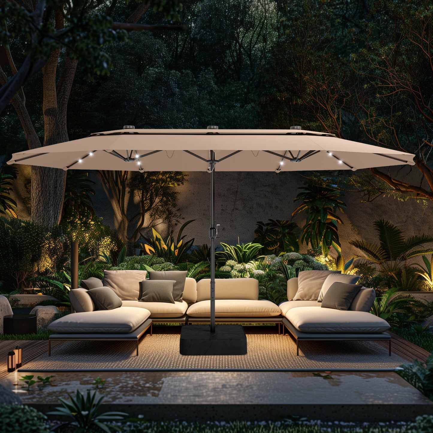 Alpha Joy 15ft Dual-Layer Extra Large Outdoor Patio Umbrella Double-Sided Ventilation Umbrella with Led Lights & Umbrella Base, Beige