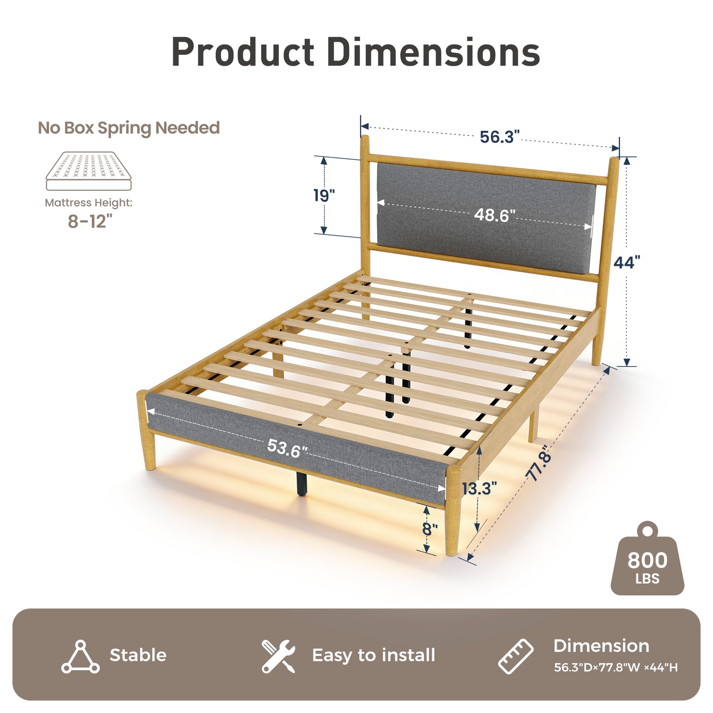 Sophia & William Full Size Wood Bed Frame Upholstered Platform Bed Frame with Headboard & Footboard Mid-Century Bedroom Furniture,No Box Spring Needed,Gray