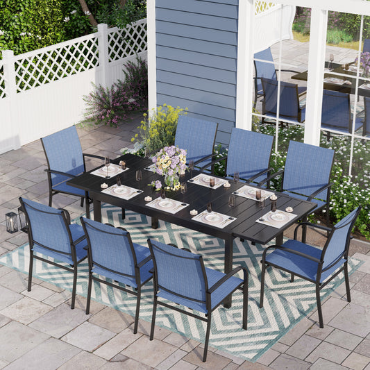 Sophia & William 9-Piece Patio Dining Set Outdoor Expandable Metal Patio Dining Table Set with 8 Blue Textilene Chairs