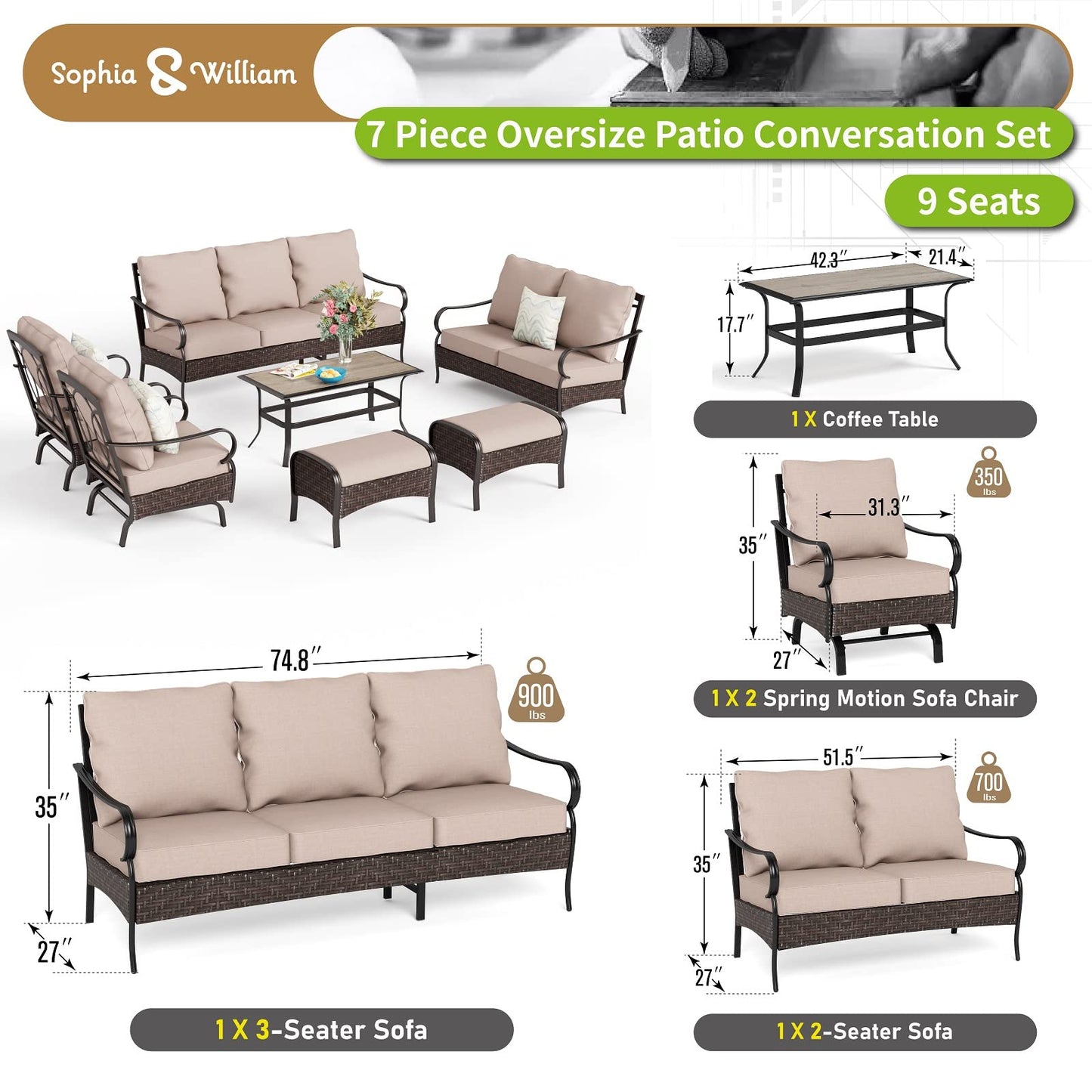Sophia & William Extra Large Patio Conversation Sets 8 Piece Metal Modern Outdoor Patio Furniture Set 11 Seats with High Back 3-Seat Sofa & 2-Seat Sofa, 2 Motion Sofa Chairs & 2 Ottoman(Beige)