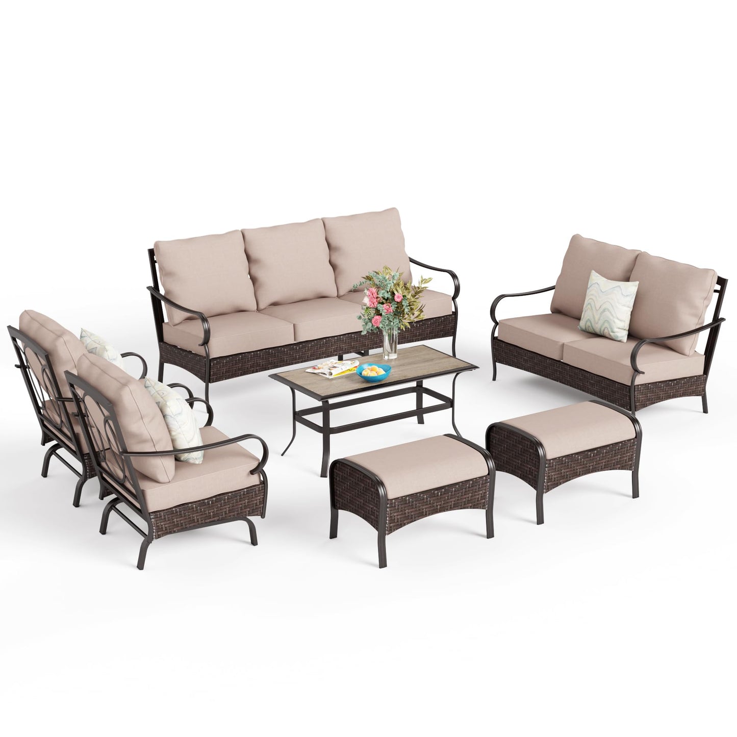 Sophia & William Extra Large Patio Conversation Sets 8 Piece Metal Modern Outdoor Patio Furniture Set 11 Seats with High Back 3-Seat Sofa & 2-Seat Sofa, 2 Motion Sofa Chairs & 2 Ottoman(Beige)