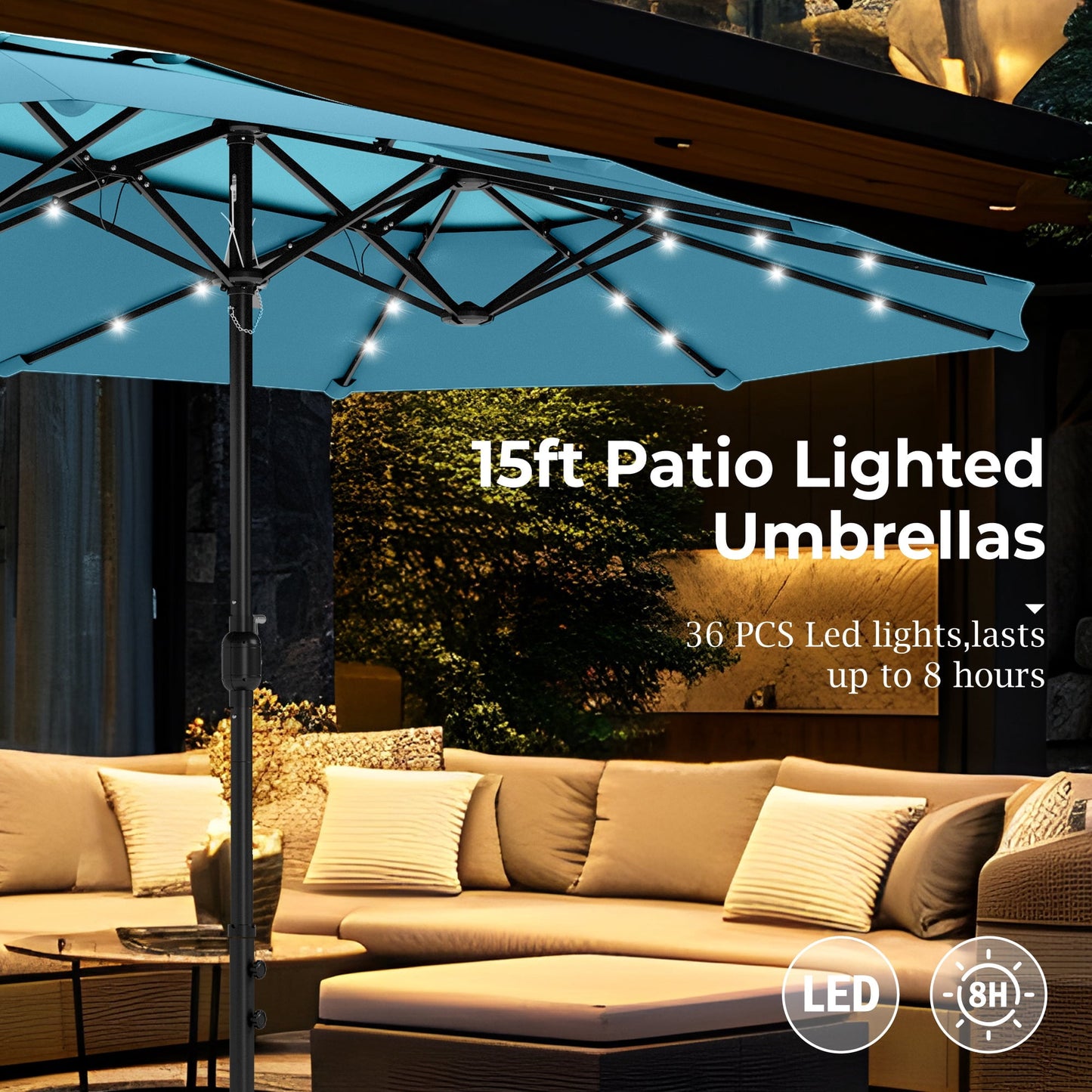 Alpha Joy 15ft Dual-Layer Extra Large Outdoor Patio Umbrella Double-Sided Ventilation Umbrella with Led Lights & Umbrella Base, Blue & Green