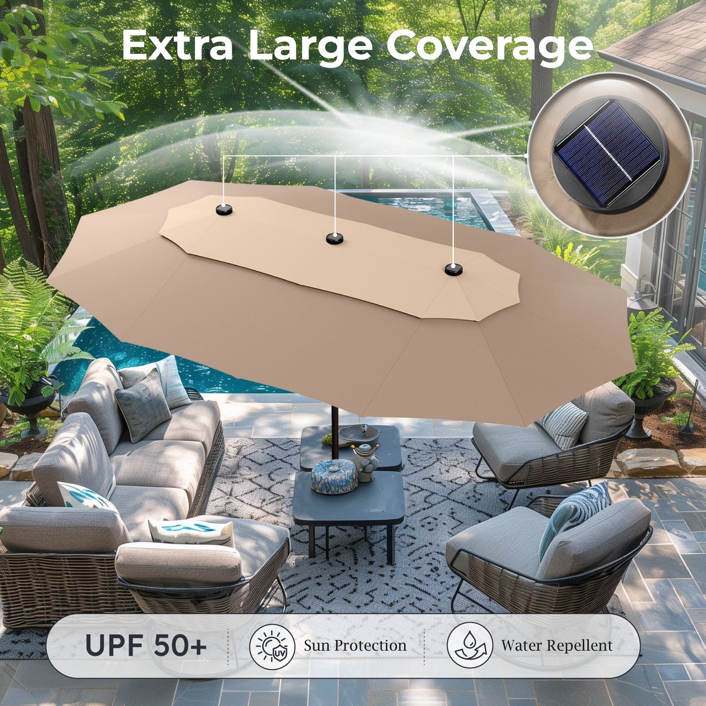 Alpha Joy 15ft Dual-Layer Extra Large Outdoor Patio Umbrella Double-Sided Ventilation Umbrella with Led Lights & Umbrella Base, Beige Patchwork