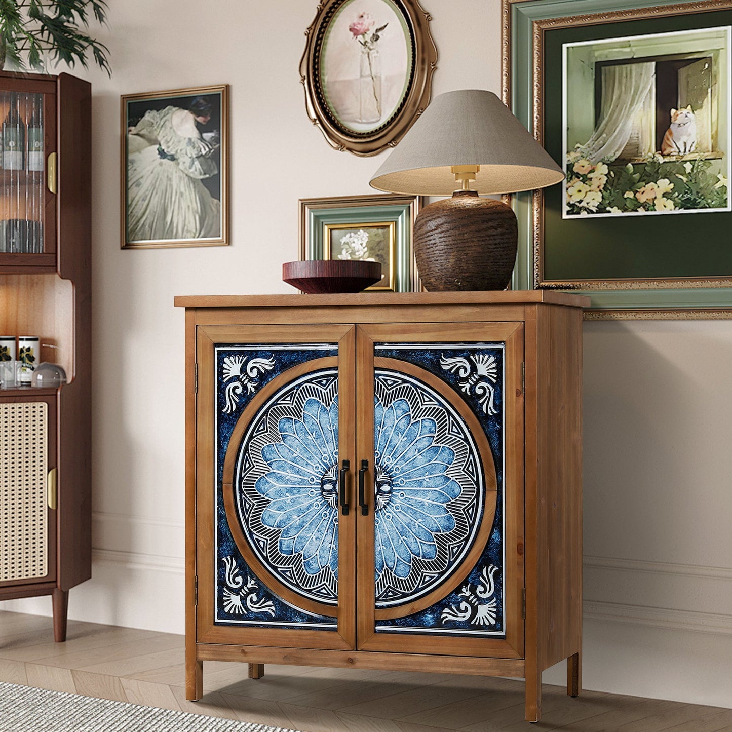 Alpha Joy 2-Door Accent Cabinet with Blue and White Porcelain Pattern, Entryway Cabinet with Shelves, Blue & White