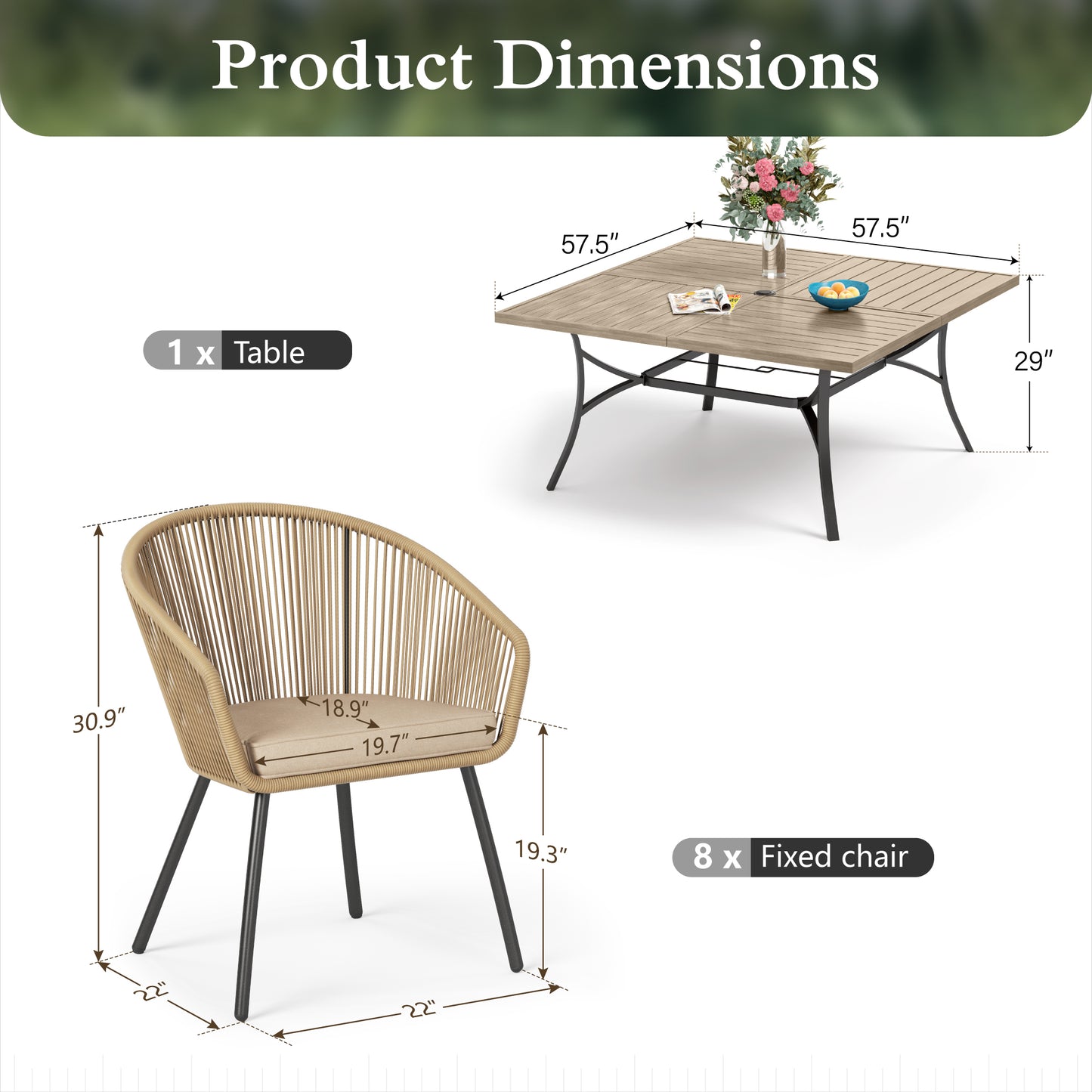 Sophia & William 9 Pieces Outdoor Patio Dining Set, 57.5" Teak Color Metal Square Dining Table and Wicker Rattan Chairs Set for 8, Black Placer Gold