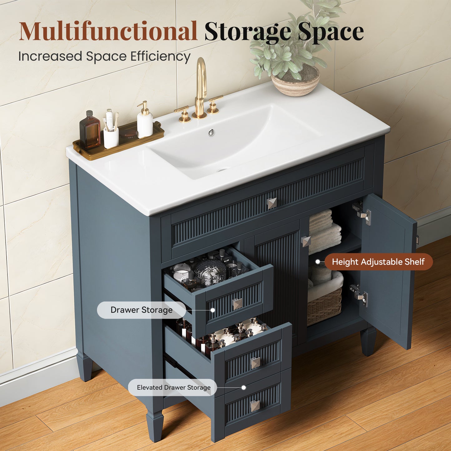 Sophia & William 36inch Bathroom Vanity with 5inch Deep Sink Freestanding Wood Bathroom Cabinet Vanity with 2 Doors & 2 Drawers & Adjustable Shelf, Charcoal Blue