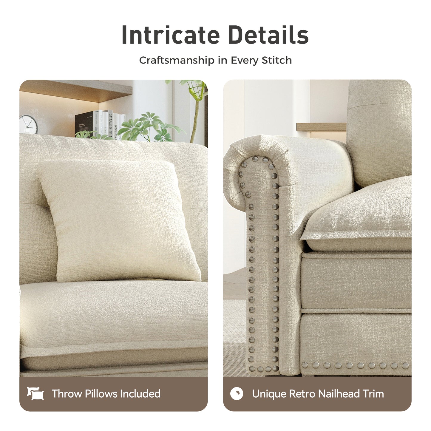 Sophia&William 3-Seat Sectional Sofa Set, Mid-Century Chenille Cloud Couch Modular Sofa with Nailhead Trim, 3 Pillows for Living Room Furniture Sets, White