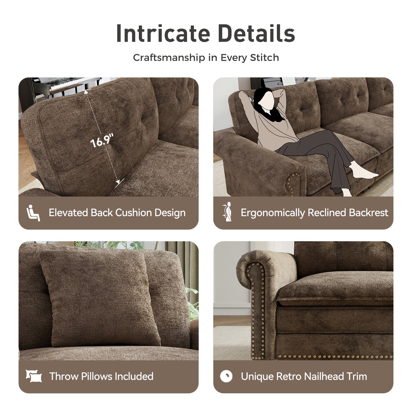 Sophia&William Modular Sectional Sofa Set, Modern Chenille Cloud Couch 5-Seat Retro Nailhead Trim with 4 Pillows for Living Room Furniture Sets, Brown