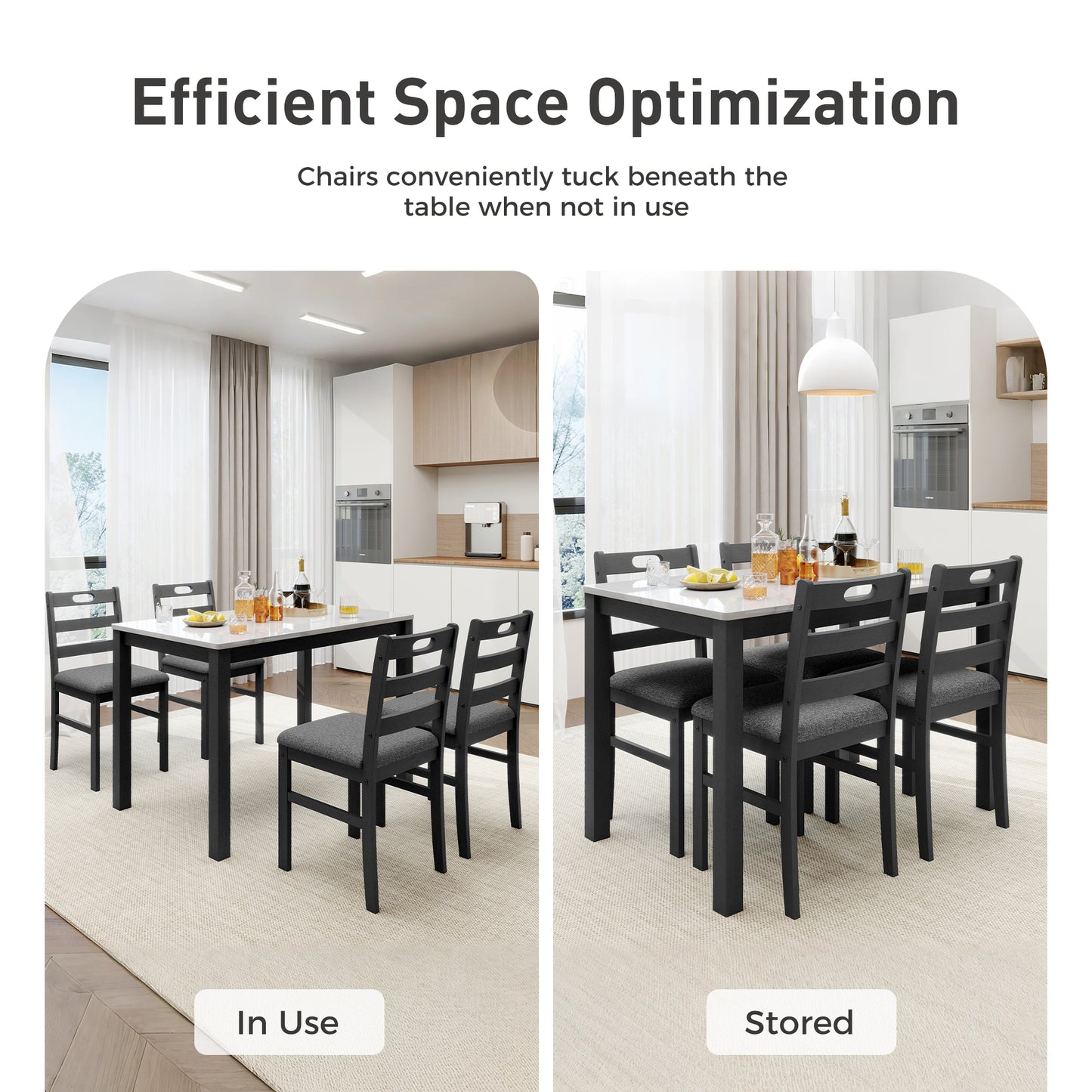 Alpha Joy Farmhouse Dining Table Set for 4, Faux Marble Rectangular Table with Solid Wood Paded Chairs