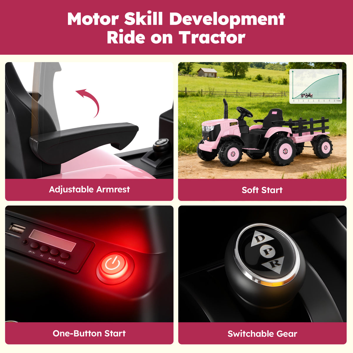 Alpha Joy 24V Powered Ride on Tractor with Detachable Trailer Electric Toy Car with Remote Control, Tippable Trailer, USB, Headlight, Bluetooth, 3 Speed Adjustable for Kids 3+, Pink