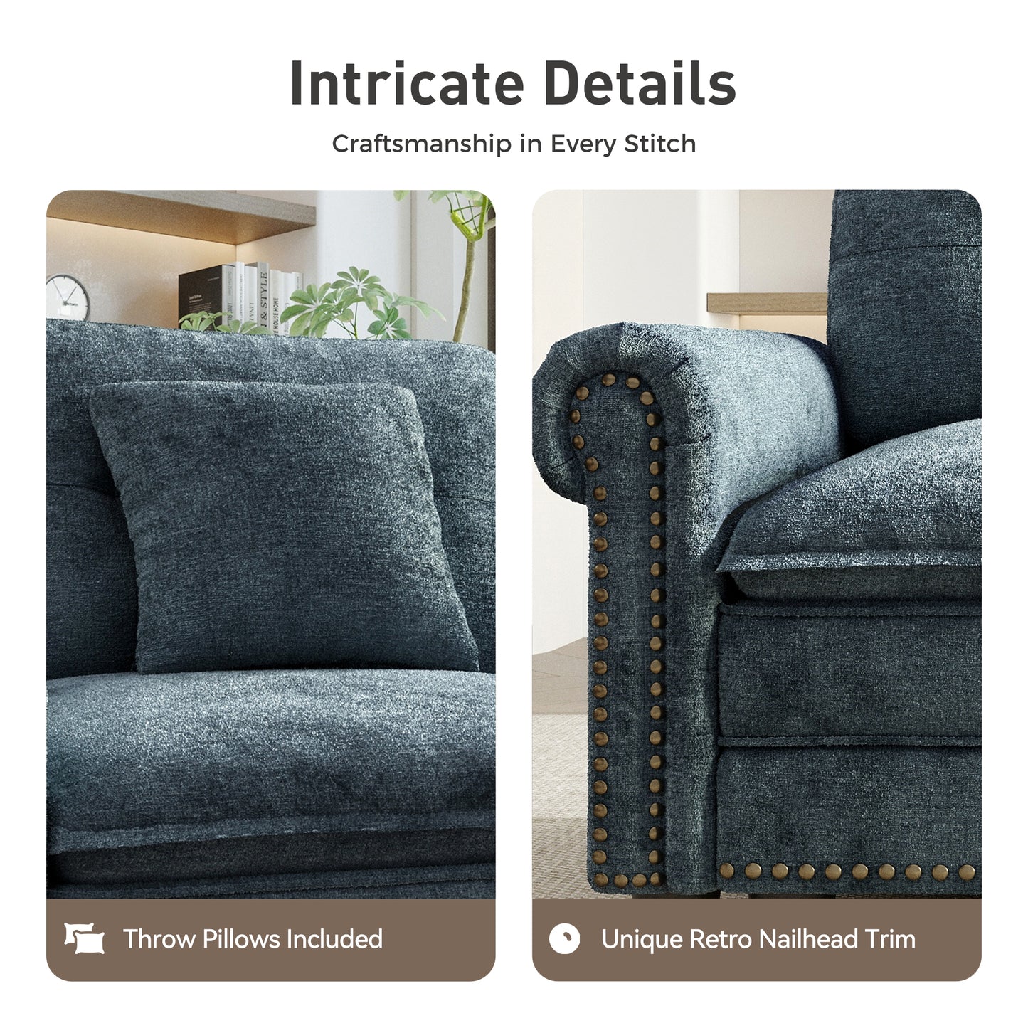 Sophia&William 3-Seat Sectional Sofa Set, Mid-Century Chenille Cloud Couch Modular Sofa with Nailhead Trim, 3 Pillows for Living Room Furniture Sets, Cyan