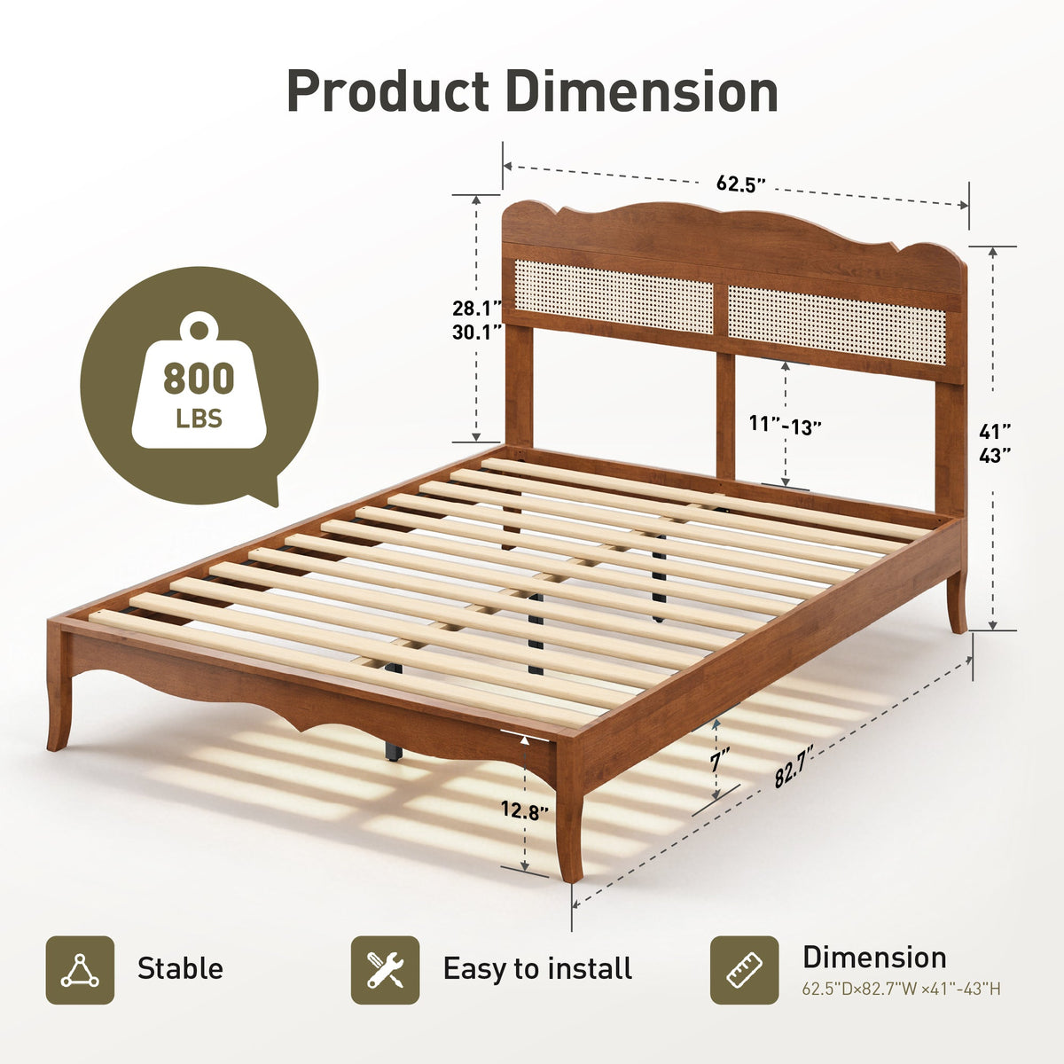 Sophia & William Queen Size Platform Bed Frame Rattan Bed Frame with Adjustable Headboard & Wooden Slats for Bedroom,No Box Spring Needed