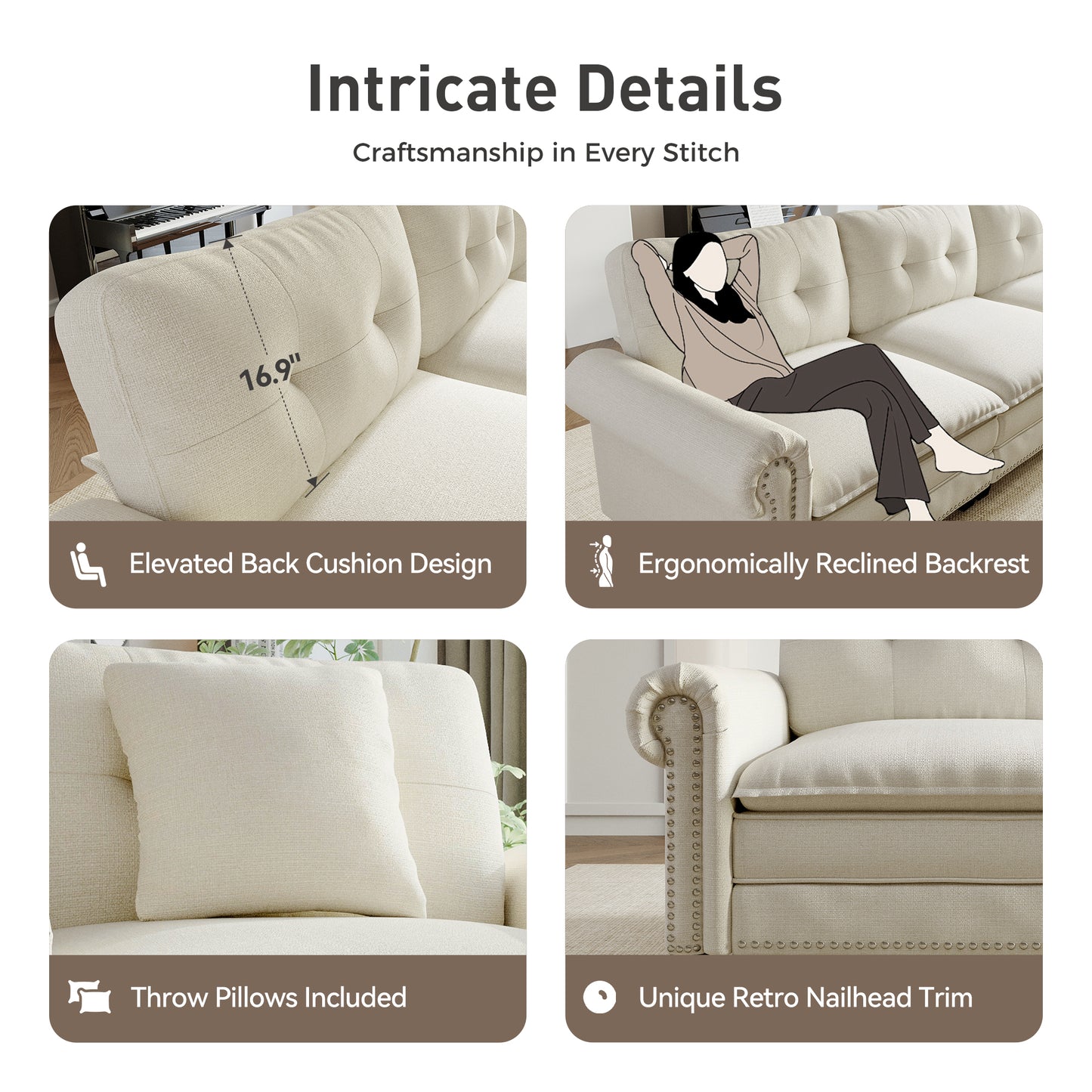 Sophia&William Modular Sectional Sofa Set, U-shaped Linen Cloud Couch 5-Seat Nailhead Trim Cloud Sofa Set with 3 Pillows for Living Room, White