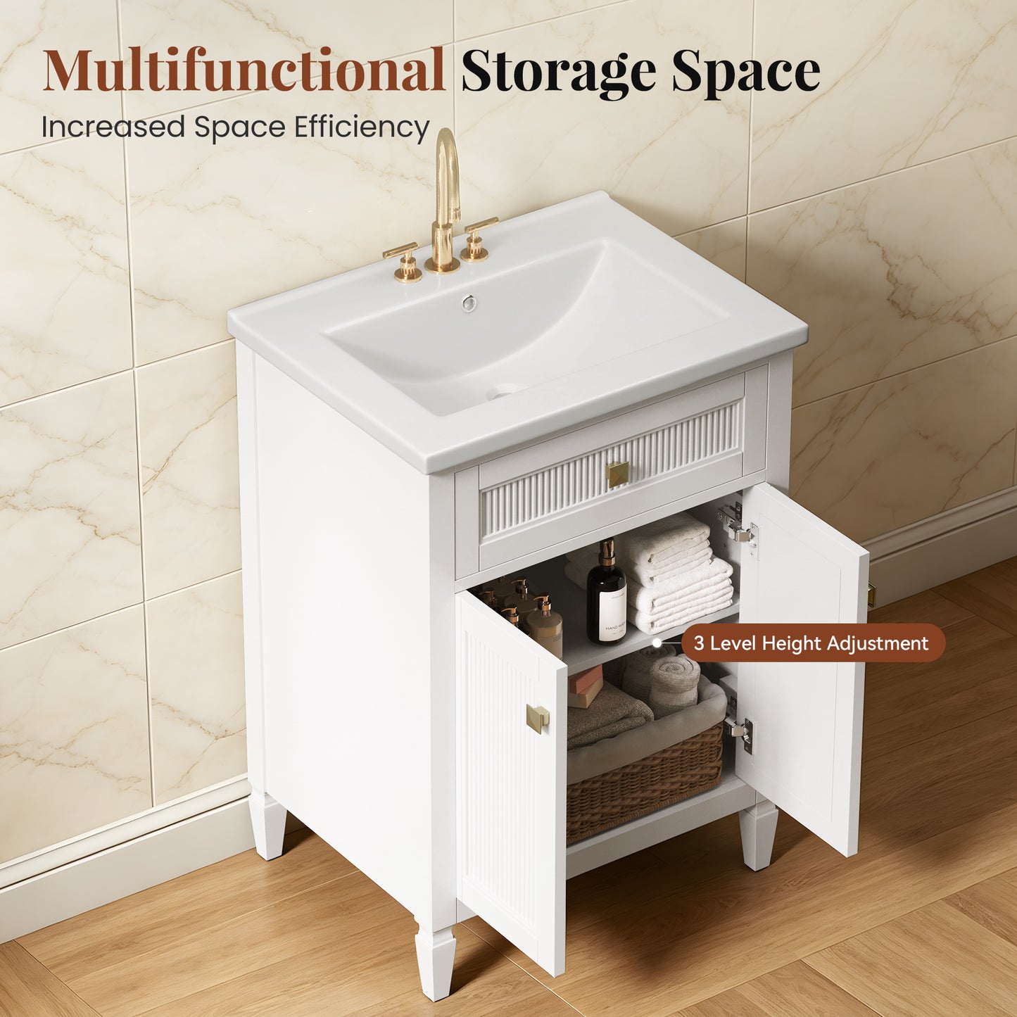 Sophia & William 24inch Bathroom Vanity with 5inch Deep Sink Freestanding Wood Bathroom Cabinet Vanity with 2 Doors & 3-Level Adjustable Shelf, White