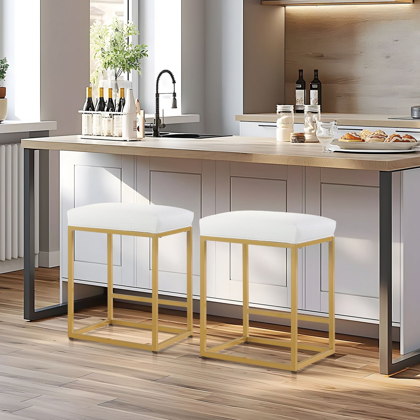 Sophia & William 24" Bar Stool Counter Height Bar Stools with Footrest, Set of 2, White