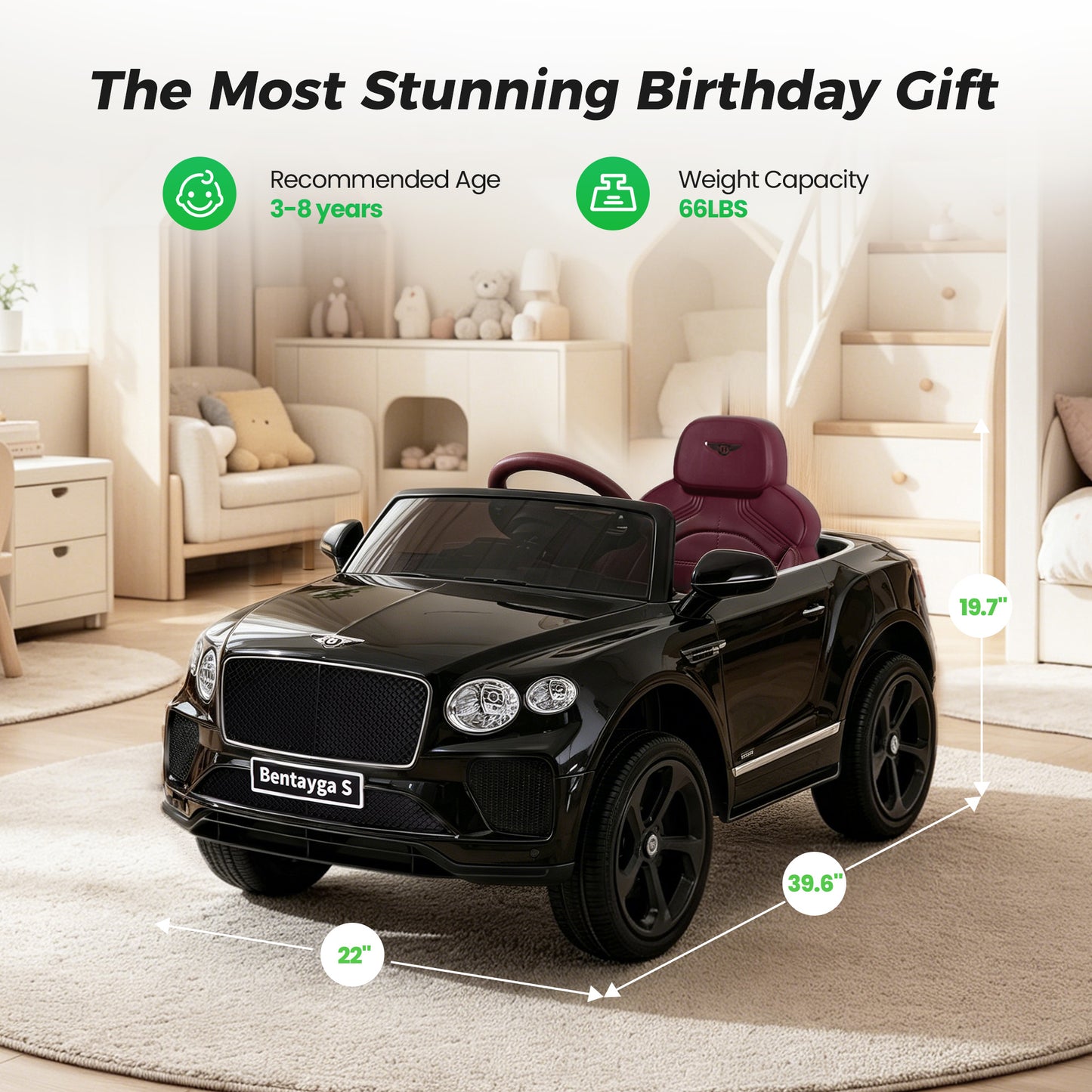 Alpha Joy 12V Kids Ride On Car Licensed Bentley Electric Vehicle with Remote Control, Soft Start, 3 Speed, LED Lights, Built-in Storage & Music, Gift for Boys Girls Ages 3-8, Black