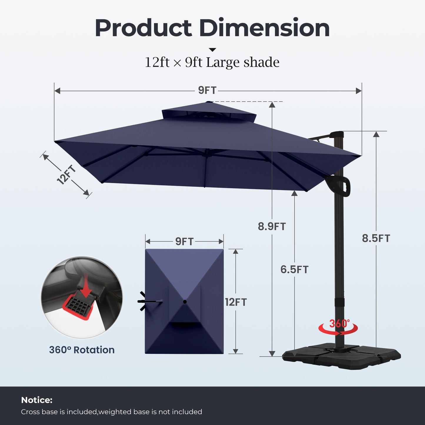 Alpha Joy 12x9ft Outdoor Patio Umbrella Large Rectangle Offset Cantilever Double Umbrella with 360¡ãRotation, Navy Blue