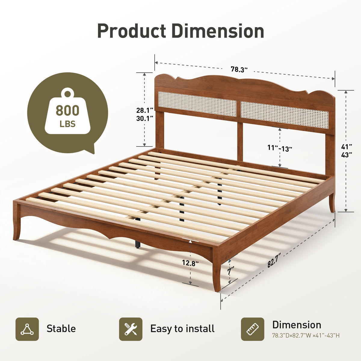 Sophia & William King Size Wood Platform Bed Frame with Wooven Rattan Adjustable Headboard & Wooden Slats,No Box Spring Needed