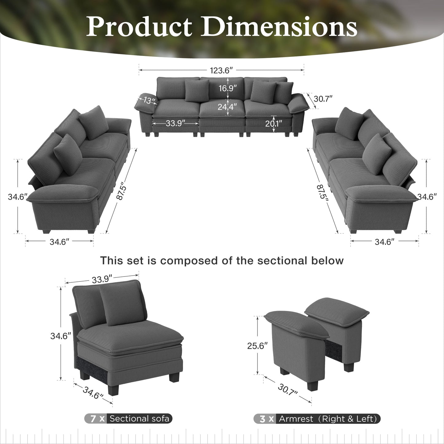 Sophia&William 123.6"L Modular Corduroy Sectional Sofa Couch, 7-Seat Modern U-Shaped Cloud Couch Convertible Sofa for Living Room,Gray