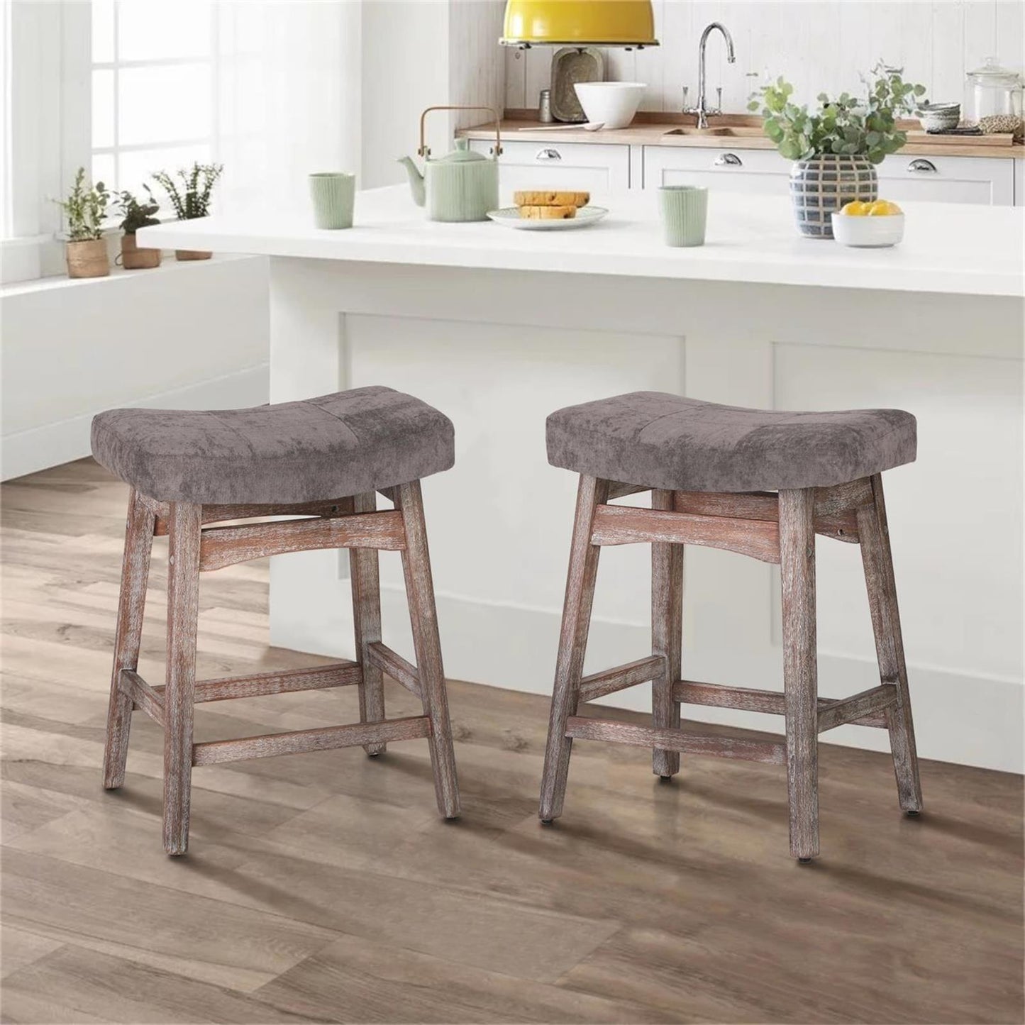 Sophia & William Counter Height Bar Stools Set of 4 for Kitchen Island,24 Inch Saddle Backless Bar Stools with Solid Wood Legs,Vintage Linen Seat Upholstered Farmhouse Counter Stools,Grey