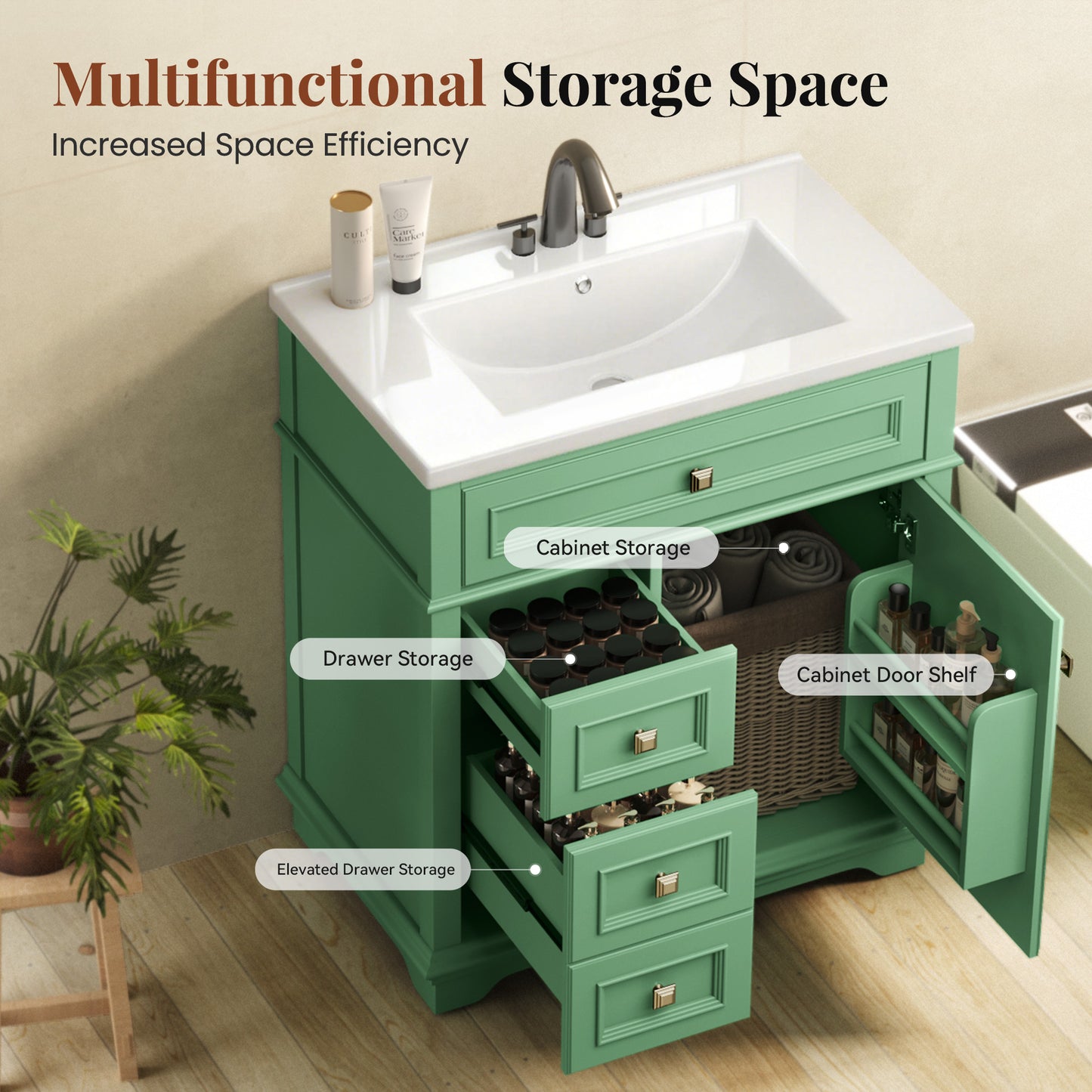 Sophia & William 30inch Bathroom Vanity with 5inch Deep Sink Freestanding Wood Bathroom Cabinet Vanity with 1 Door & 2 Drawers, Sage Green