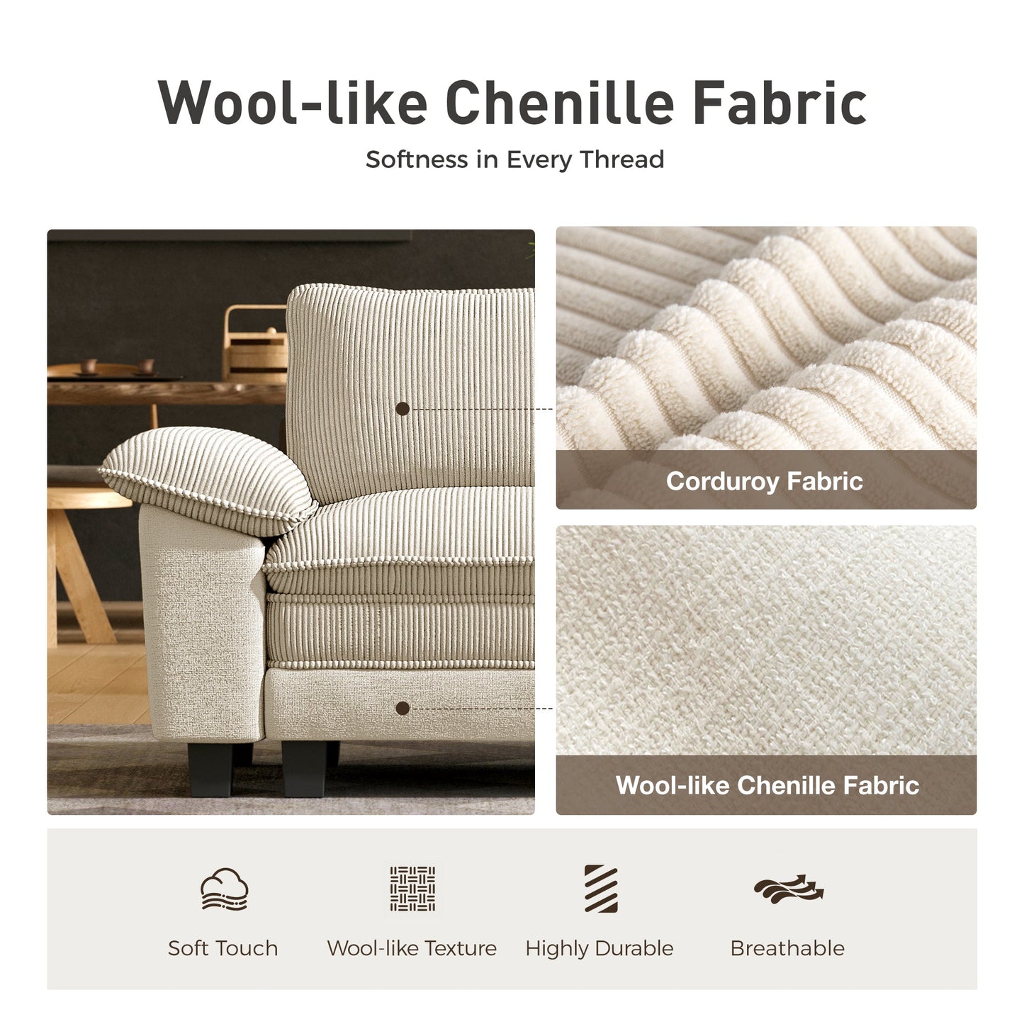 Sophia&William 157.5"L Convertible Sectional Sofa Couch, Modern Chenille 6-Seat Sofa in Corduroy Frame with 4 Pillows & 2 Ottomans for Living Room,White